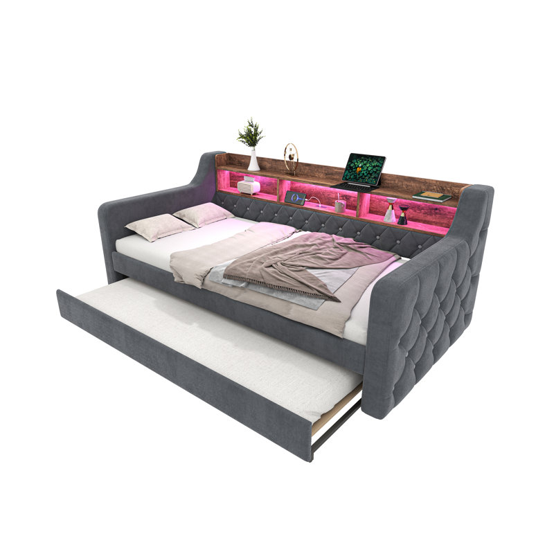 Upholstered Daybed with Trundle, Dark Gray