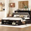 Grand lit avec tête de lit colorée, rangement, 4 tiroirs, étagère à chaussures et utilisation à long terme, rangement en bois