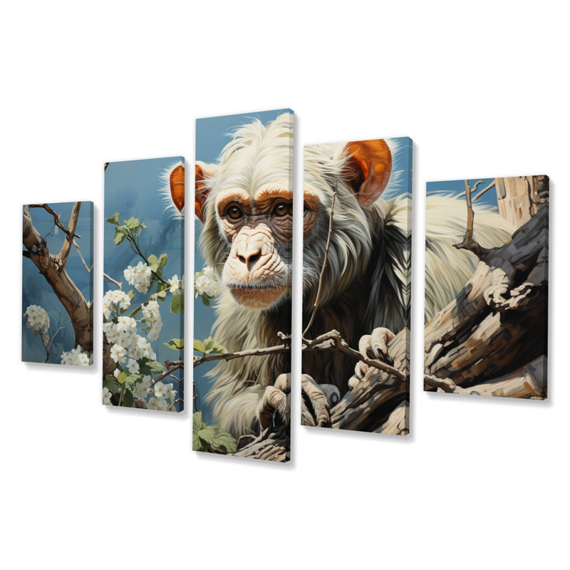  «Gray Brown Monkey Mischievous Monkey Pastoral - Reproduction d'art sur toile animaux - 5 panneaux