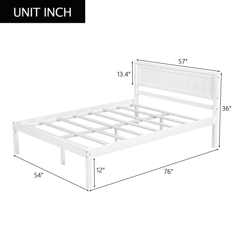 Structure de lit plateforme avec tête de lit, support à lattes de bois, aucun sommier requis, lit double, blanc