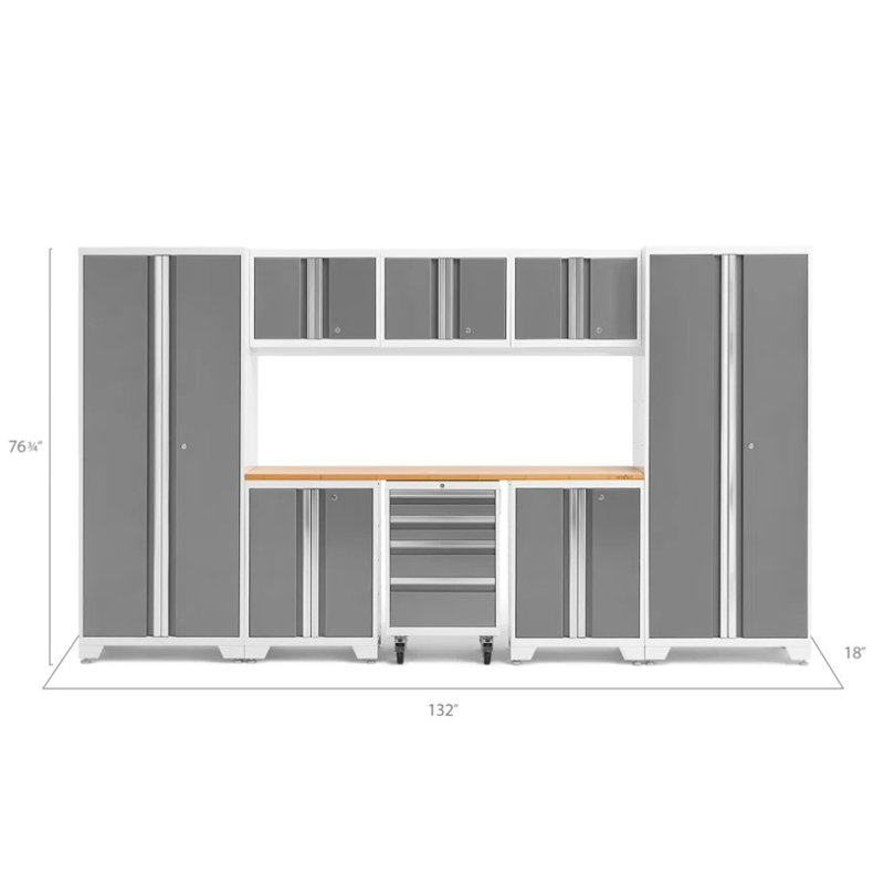 Gray Lockable Steel Cabinet with Bamboo Worktop and Adjustable Shelving