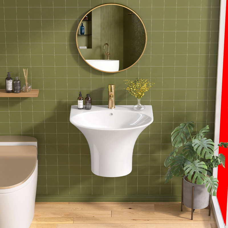 Compact Wall Mount Bathroom Sink 22 Inches White Ceramic Arc Wall Hung Vessel Floating Sink With Overflow And Single Faucet Hole