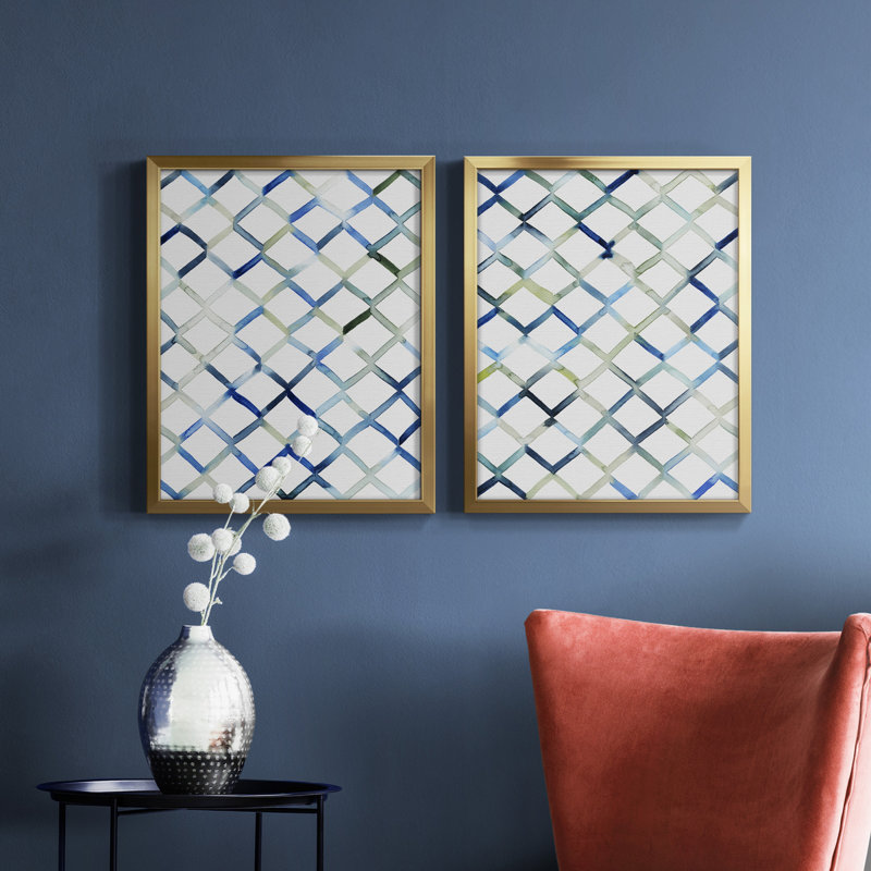 Sea Lattice I - ensemble de 2 peintures encadrées, H 16 po x l 38 po x P 1,5 po, Papier avec cadre doré