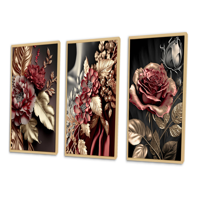 «Vintage Glam Rose», 3 pièces sur toile, Cadre naturel flottant, H 32 po x l 48 po