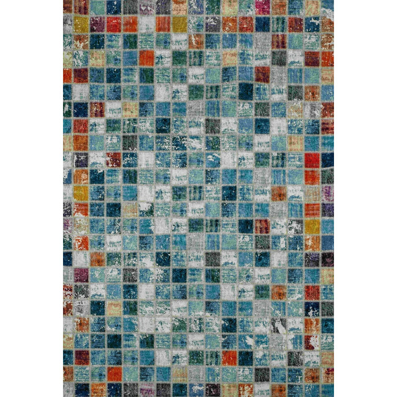 Tapis bleu tissé à motif mosaïque, Rectangle 3 pi 11,24 po x 5 pi 10,87 po