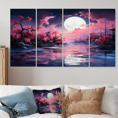 Pleine lune, ciel rose, art mural 4 pièces