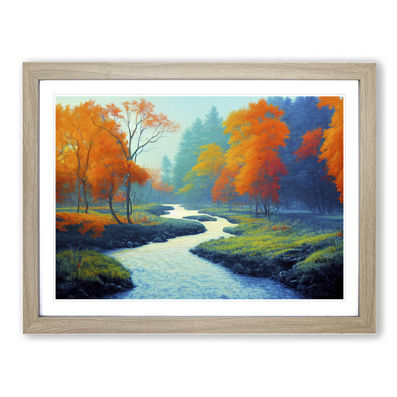 Autumn Forest Stream - Single Picture Frame Print, 46cm H x 64cm W, Grey