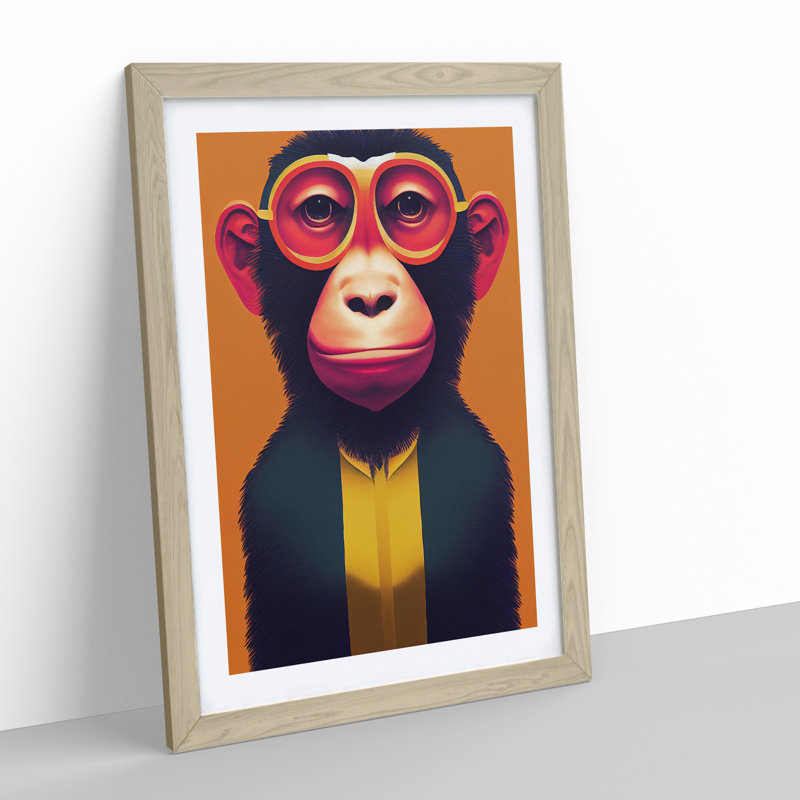 Monkey In Glasses No.4 - Wall Art, 64cm H x 46cm W x 2cm D, Oak Framed