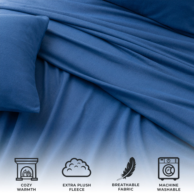 Navy Twin Solid Cotton Polyester Fleece Sheet Set