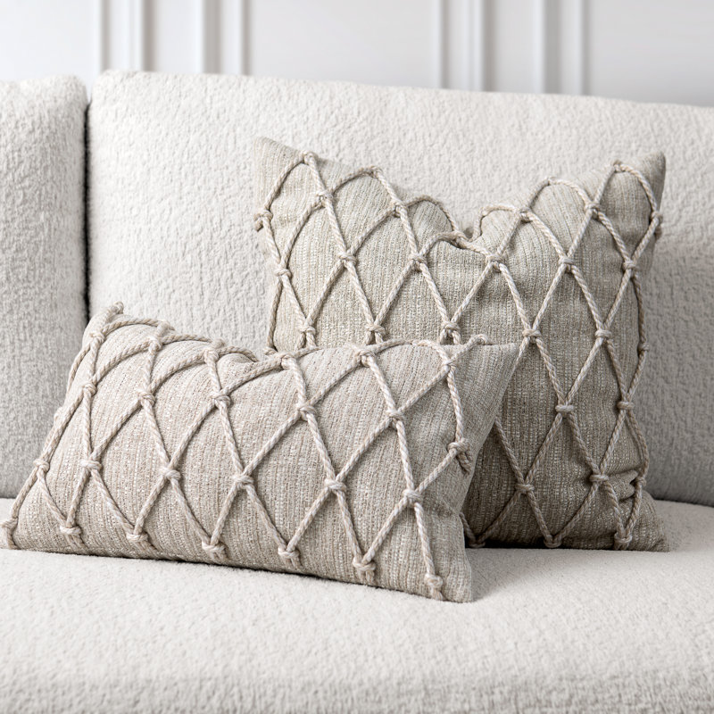 Macrame Fawn Soft Chenille with Handwoven Rope Accents Indoor & Outdoor Woven Accent Pillow, Square 20”