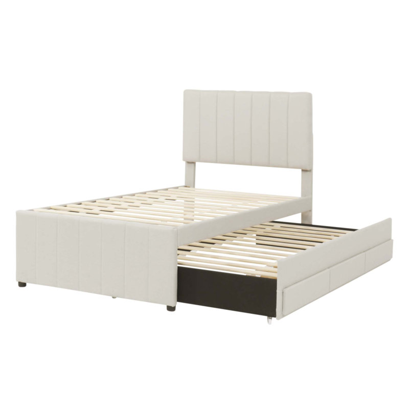 Lit plateforme simple tapissier avec lit gigogne et 3 tiroirs, tissu en lin pour plus de sommeil et de rangement, Beige