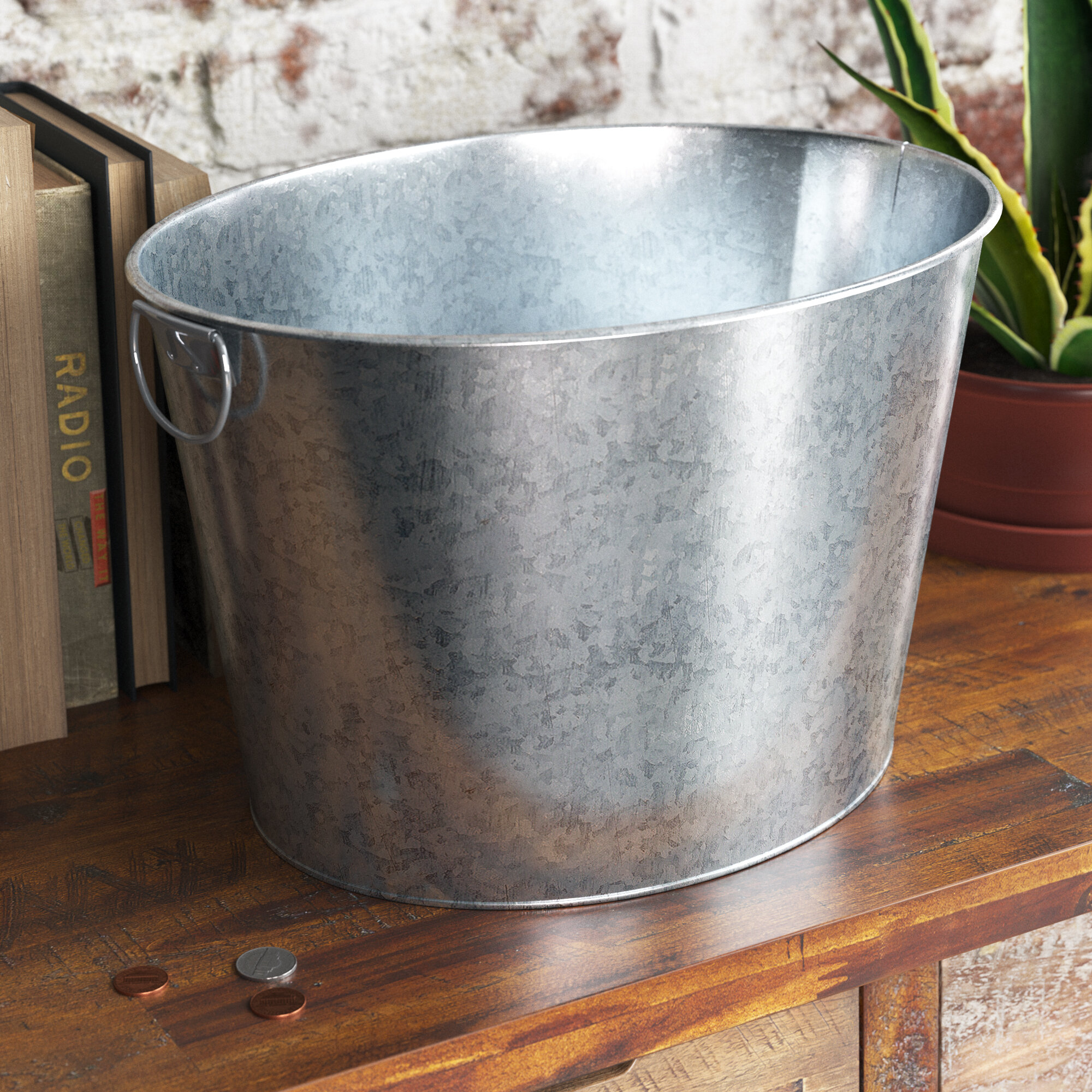 Small Galvanized Metal Oval Bucket with Wood Handle