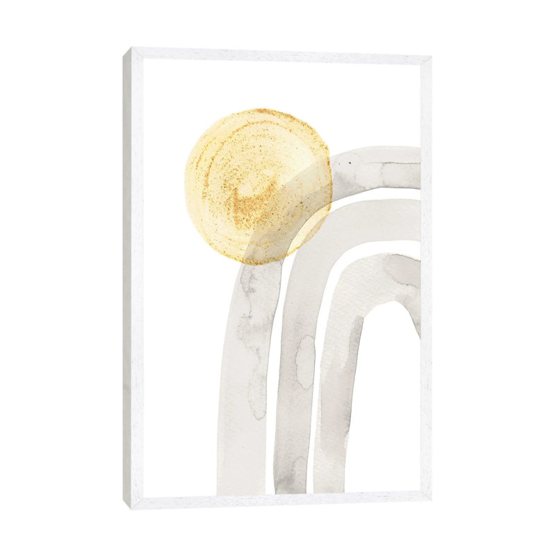 Abstract Grey Rainbow And Mustard Sun by Whales Way - Painting on Canvas, 66.04cm H x 45.72cm W x 3.81cm D, White Framed