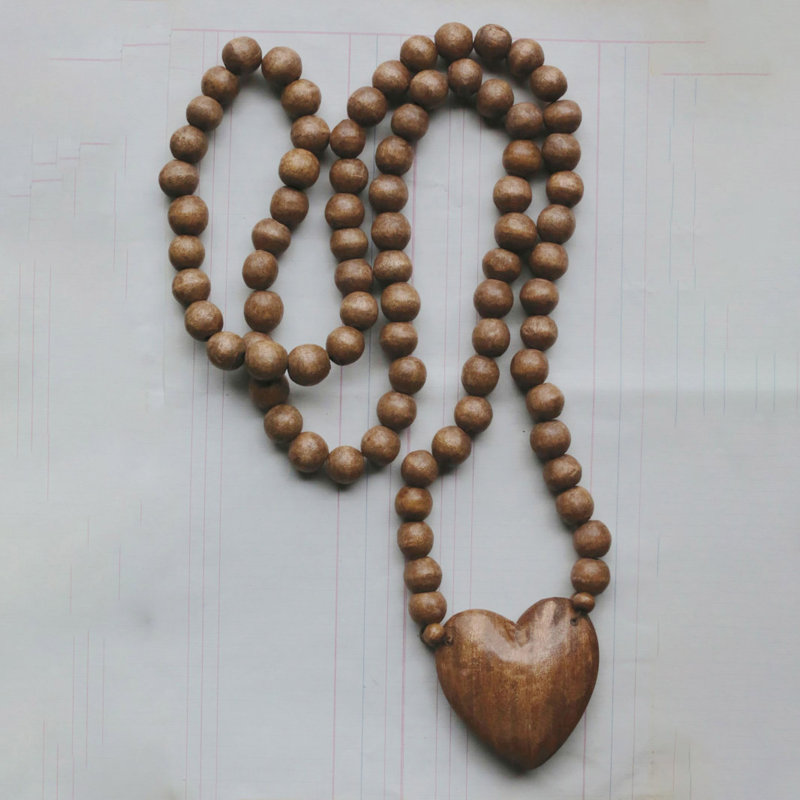 Hand‑Carved Mango Wood Rosary with Heart Pendant Stained