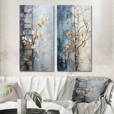 Minimalist Granite Grape Leaves - Plants Wall Art Prints Set Of 2