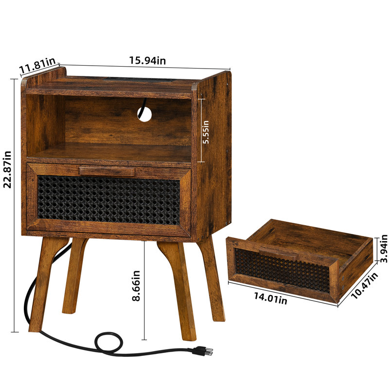 Rattan Nightstand With Charging Station, Boho Night Stand With Handmade Natural Rattan Drawer And Open Shelf, Cane Accent Side End Tables With Solid Wood Legs For Bedroom, Dorm, Small Spaces