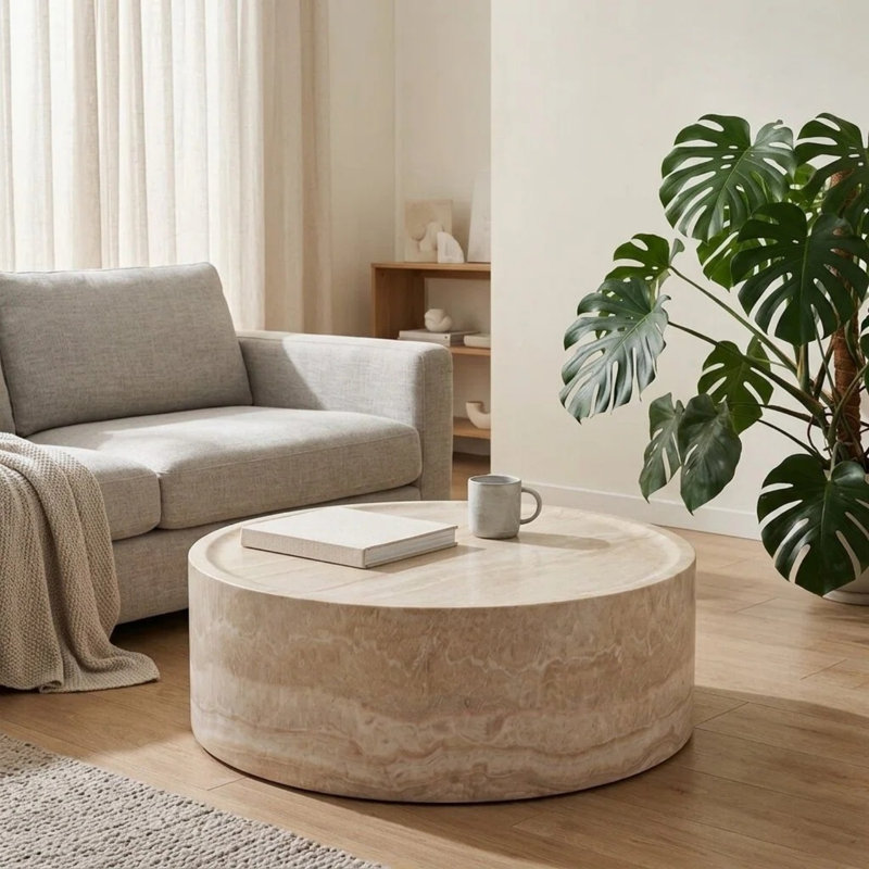 Table basse ronde 31,5 po en fibre de verre, centre de table moderne en marbre, H 12 po x L 31,5 po x l 31,5 po