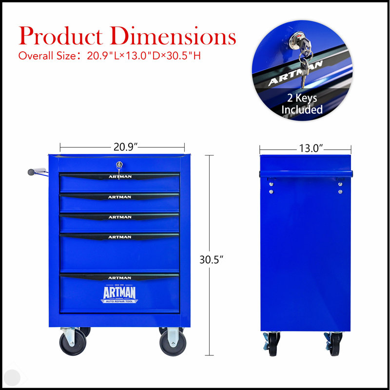Coffre à outils roulant en métal avec 5 tiroirs, armoire à outils à 5 tiroirs de 20 po avec glissières à roulement à billes, coffre à outils en acier