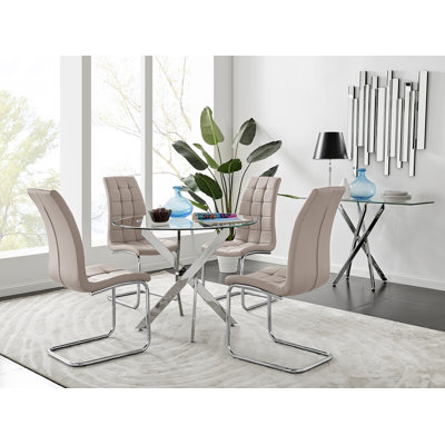 Tierra Sleek Metal and Glass Round Dining Table Set with 4 Faux Leather Upholstered Dining Chairs