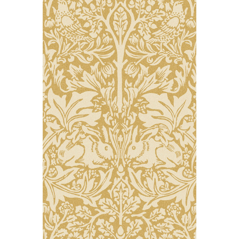 Papier peint damassé rétro floral doré et crème avec oiseaux, Peel and Stick
