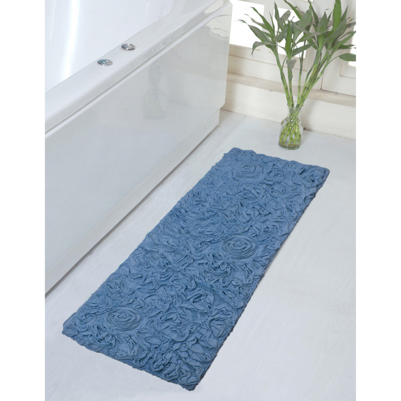 Schoenberger Floral Design Cotton Bath Rug, 54" L x 21" W, Sky Blue