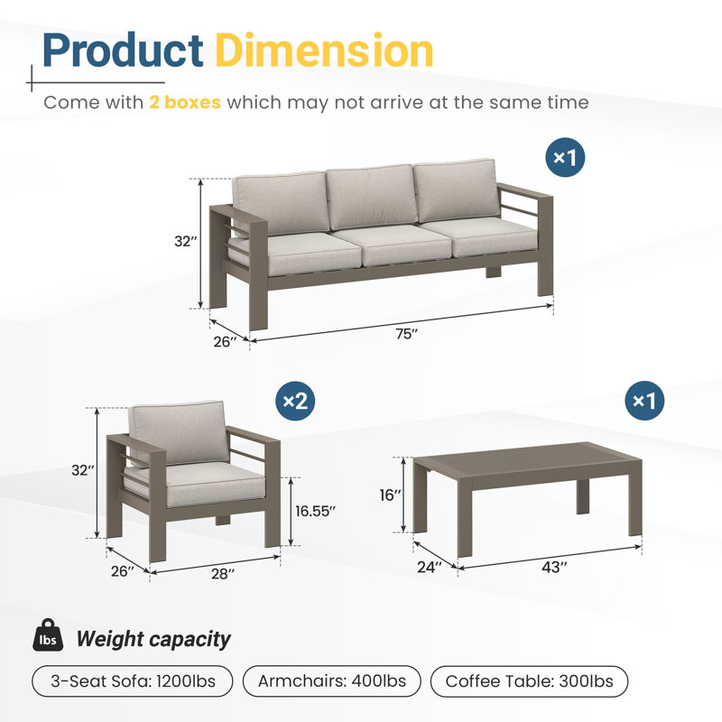5-Person Outdoor Patio Furniture Set With Upgraded Cushions, Gray Cushion/Light Coffee Frame