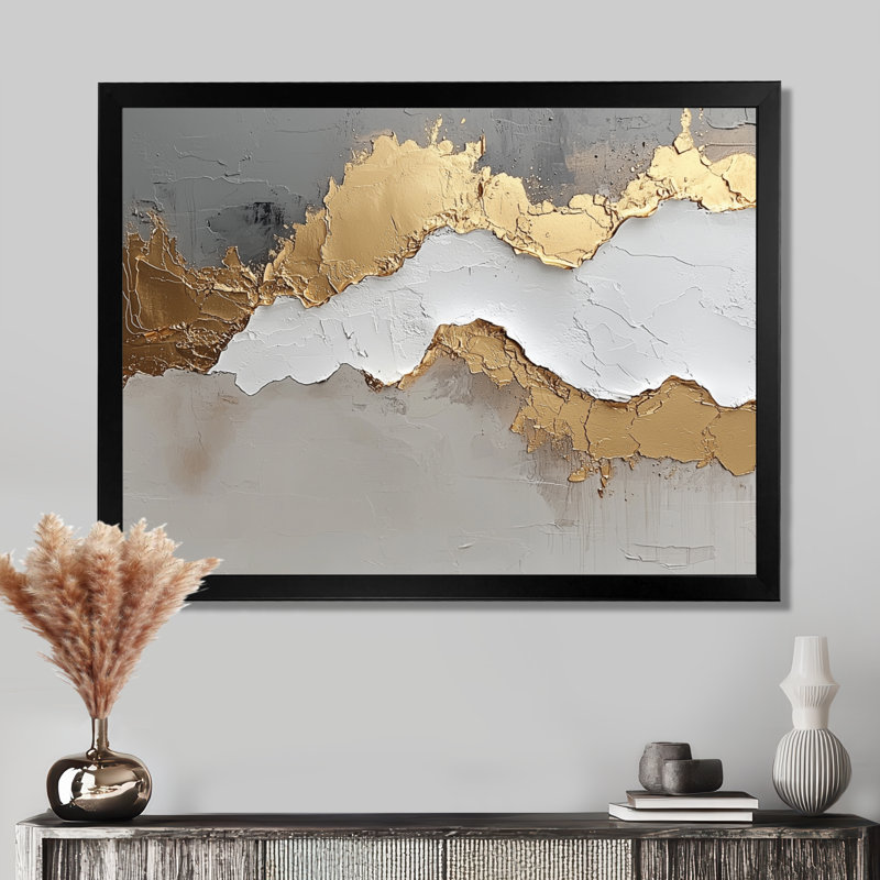Ognen, bosquet abstrait d'introspection en or et blanc VI - art abstrait de vagues modernes, Cadre simple, Noir