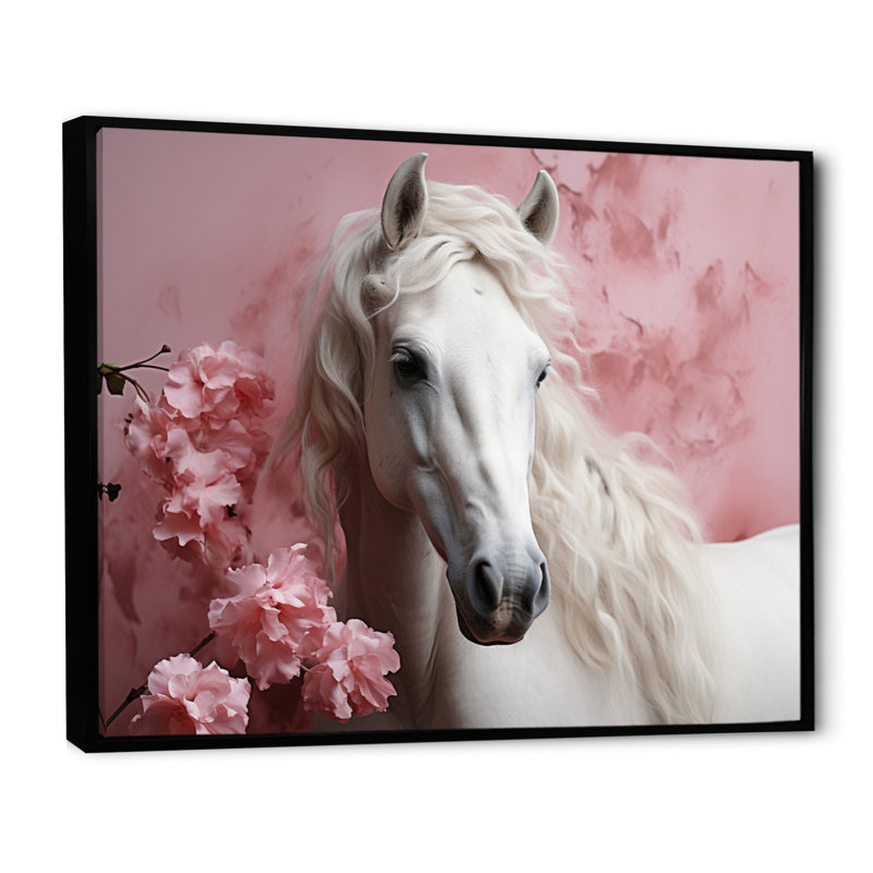 Cheval rose blanc doux beauté - art mural cheval, H 12 po x l 20 po x P 1 po, Cadre flottant noir