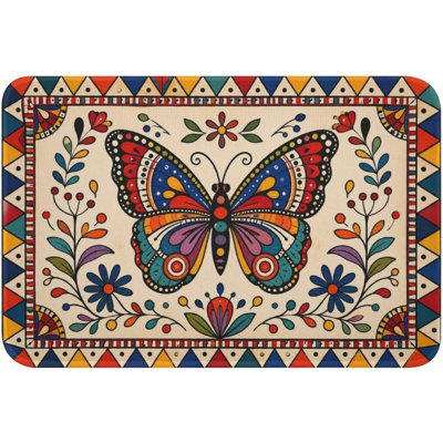 Colorful Butterfly Floral Flannel Floor Mat, Non Slip Washable Rug for Kitchen Entryway Home Decor, 16 x 24 in