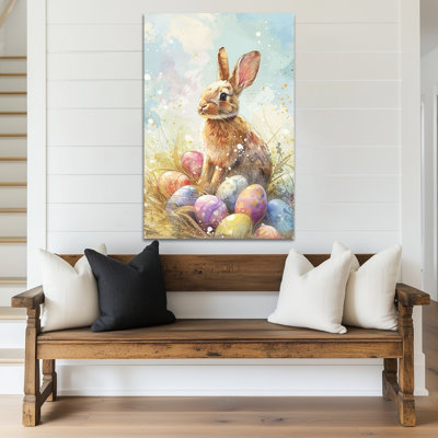 Art mural en toile de lapin de Pâques de Timuba - décoration murale de photos de printemps avec lapin, œuf de Pâques pour la décoration de la maison, reproduction d'art enveloppée, 24 po x 32 po