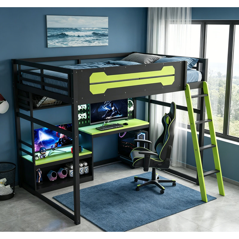 Lit mezzanine en bois pleine grandeur avec bureau, tablettes, lumières DEL, ports USB et panneau perforé personnalisable, noir et vert