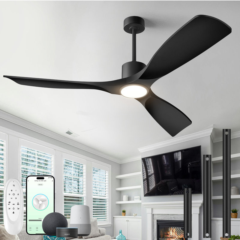 Ventilateur de plafond intelligent 60 po avec lumière, 3 pales ABS, télécommande à 6 vitesses et commande vocale APP, 3CCT, à intensité variable, moteur réversible BLDC