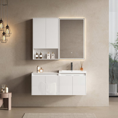 48" Bathroom Vanity With Resin Sink, 1-Wall Cabinet And 1-Side Cabinet, Soft Close Doors, Float Mounting Design, Glossy White, Plywood(KD-Packing)
