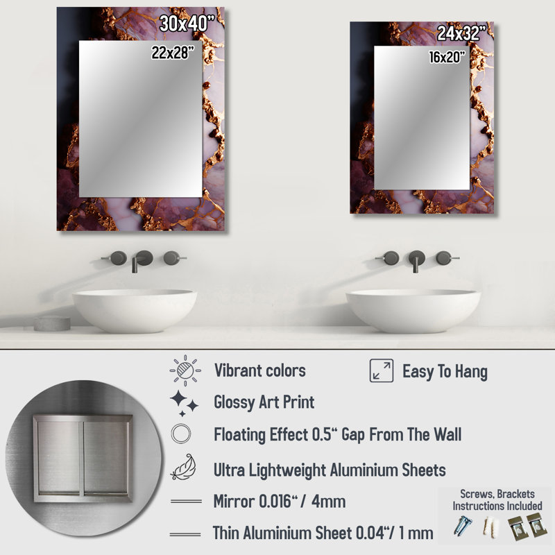 Pink and gold Marble agate river II - Abstract Decorative Wall Mirror, Modern Large Mirror, Printed Metal Art, 32" x 24"