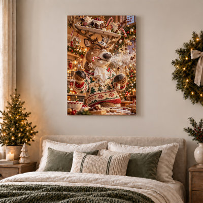 " Deer in Red and Green Sweater Balancing Holiday Christmas " Painting