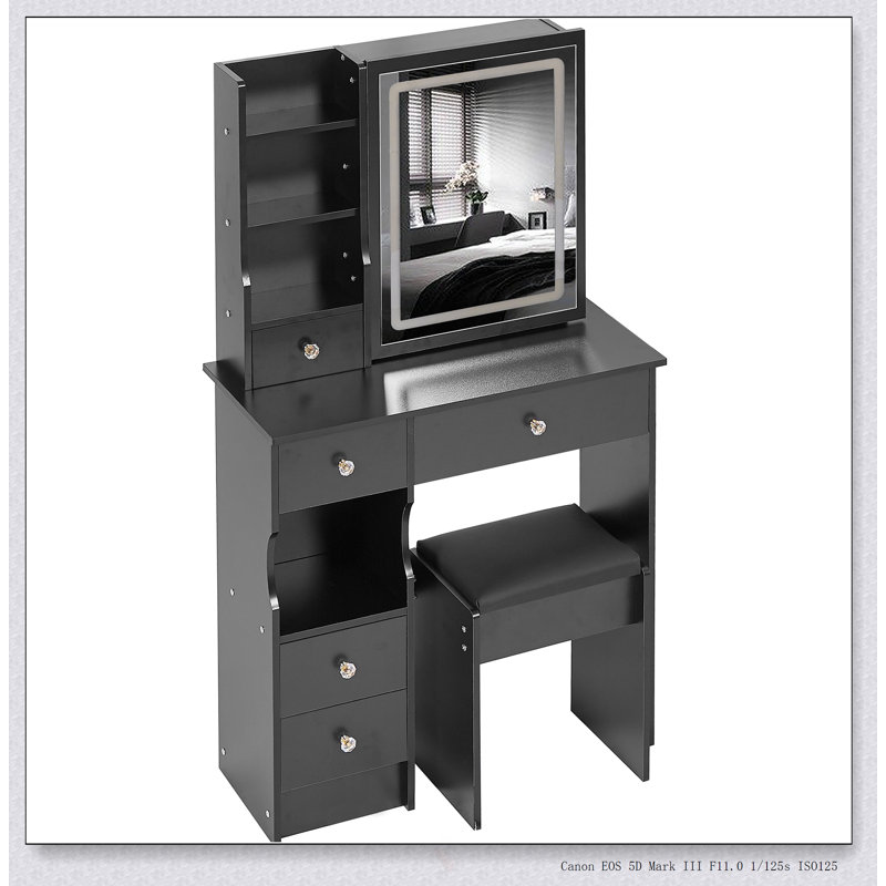 Table de coiffeuse compacte à tiroir gauche avec miroir à DEL tactile, rangement grande capacité et tabouret rembourré pour les petits espaces