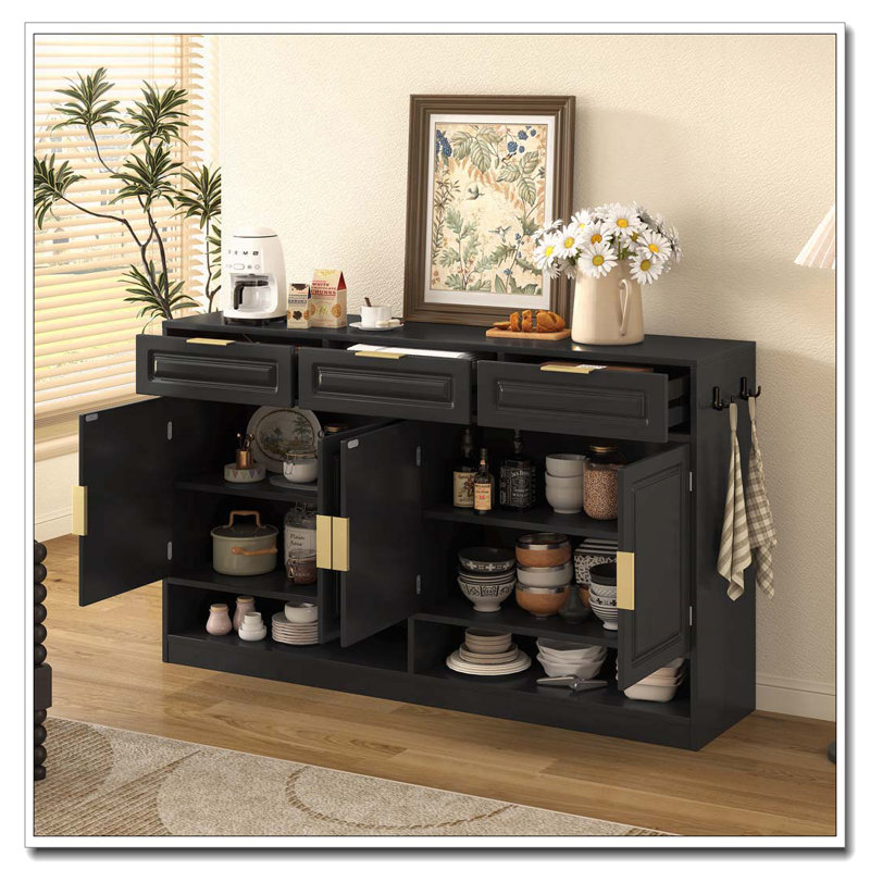 Buffet de rangement 59,1 "avec tiroirs, portes et tablette ajustable Farmhouse, Noir