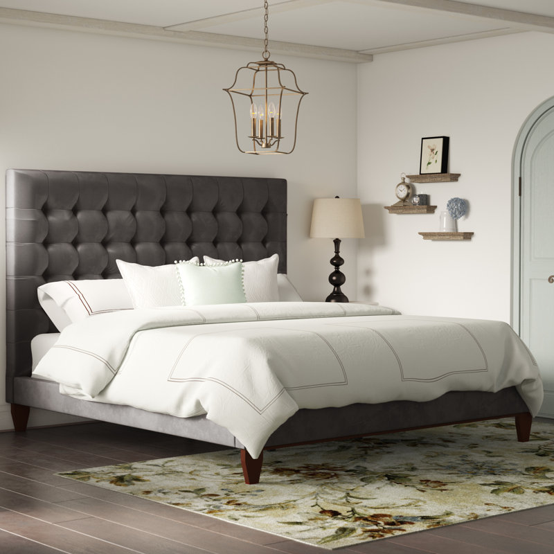 Ibison Bond Bedframe with Button Tufted Headboard, Gray, King, Linen