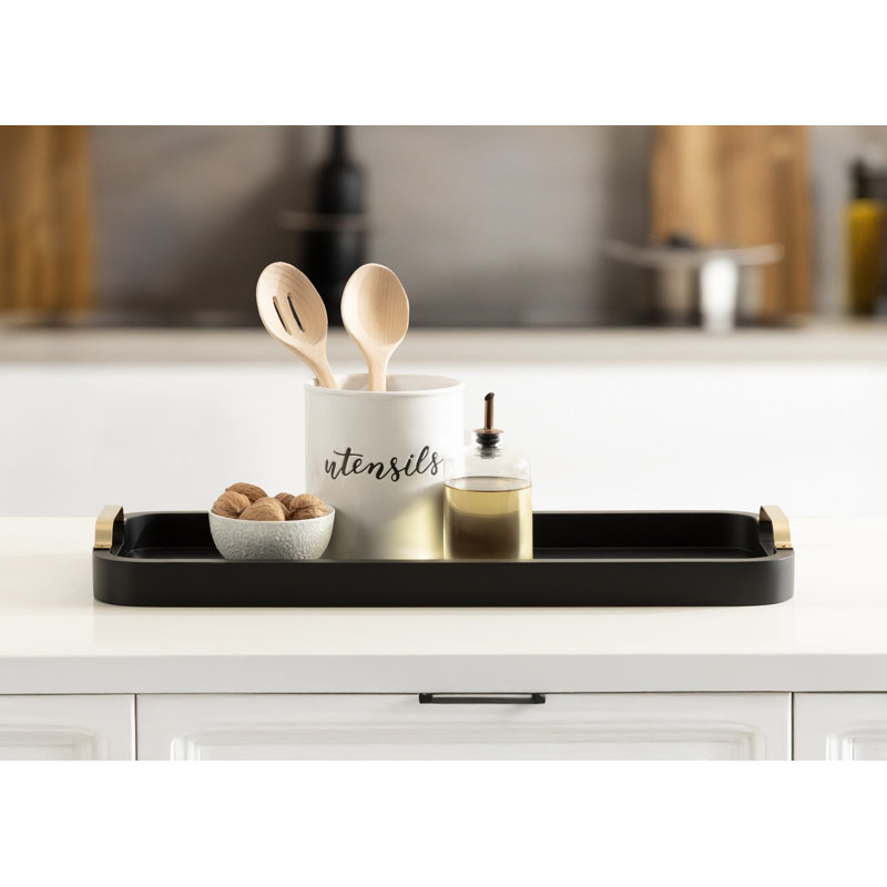 Plateau rectangulaire en bois avec poignées en métal