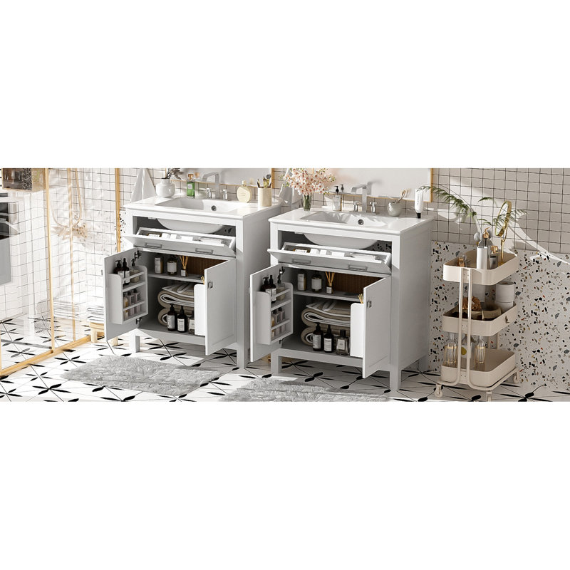 Armoire de salle de bain blanche de 60 po avec charnières à fermeture douce et grand lavabo double avec finition élégante