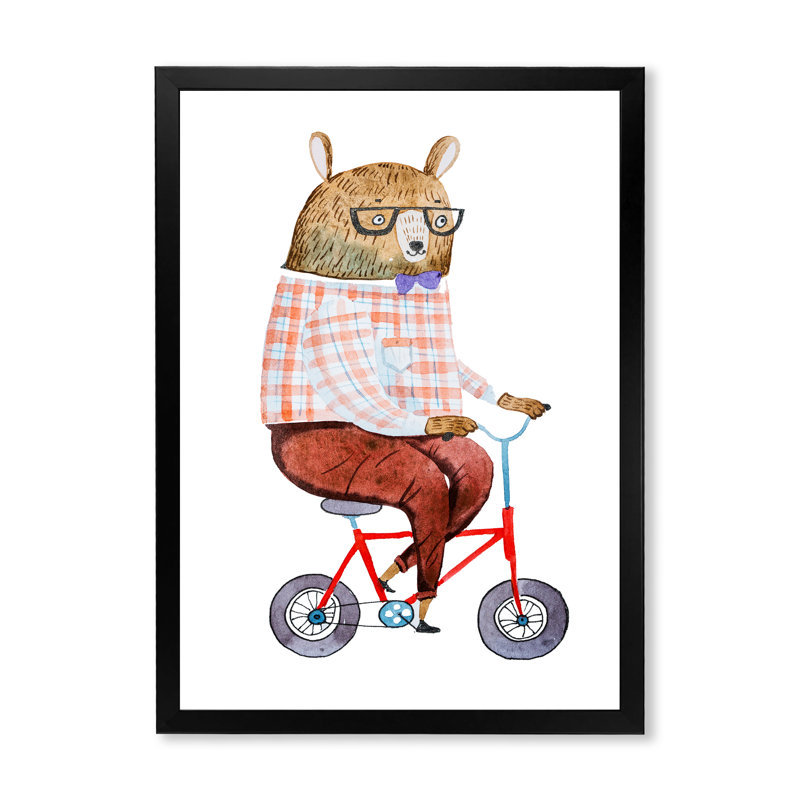 Dessin animé ours sur un vélo - Art mural pour enfants, décoration murale, Cadre photo noir, H 20 po x l 12 po x P 1 po