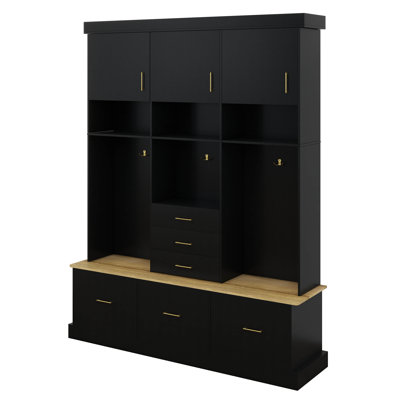 Modern Hall Tree With Bench, 75" Entryway Storage Organizer With Coat Hooks, 6 Drawers & 3 Cabinets And 3-Tier Top Storage