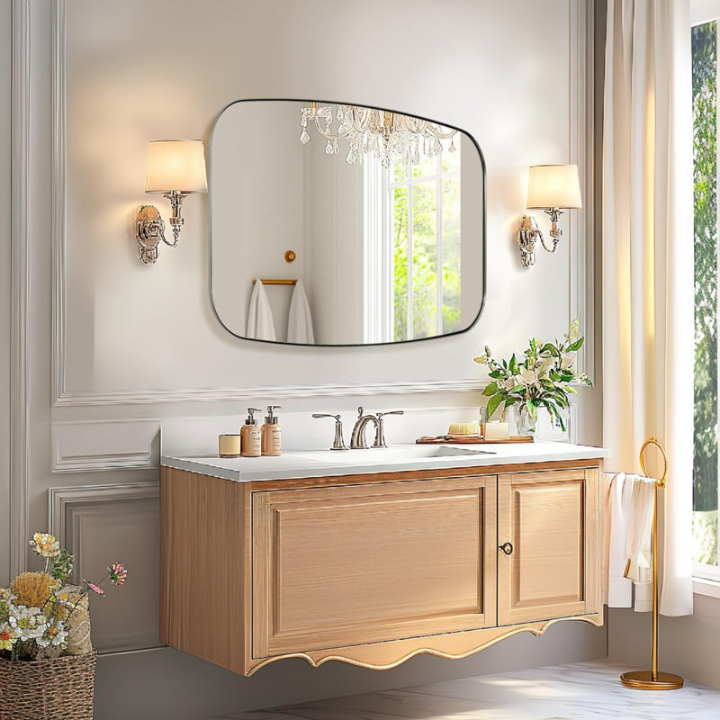 Miroir de salle de bain ovale moderne | Cadre en acier inoxydable, Nickel brossé, 40 po x 36 po