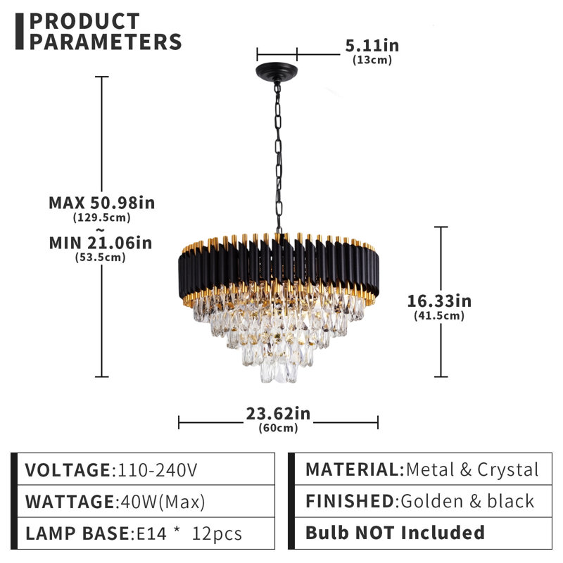 Modern Black & Gold Crystal Chandelier, 23.62", E14 Base (No Bulb)