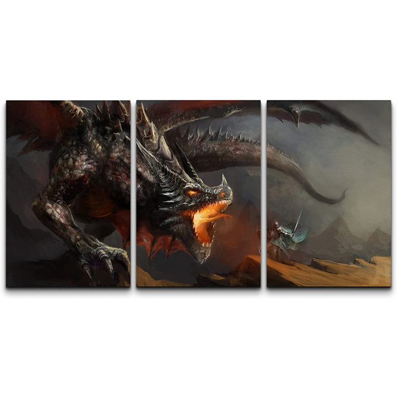 " Fantasy Scene Knight Fighting Dragon " 3 - Pieces, 24" H x 36" W x 5.5" D