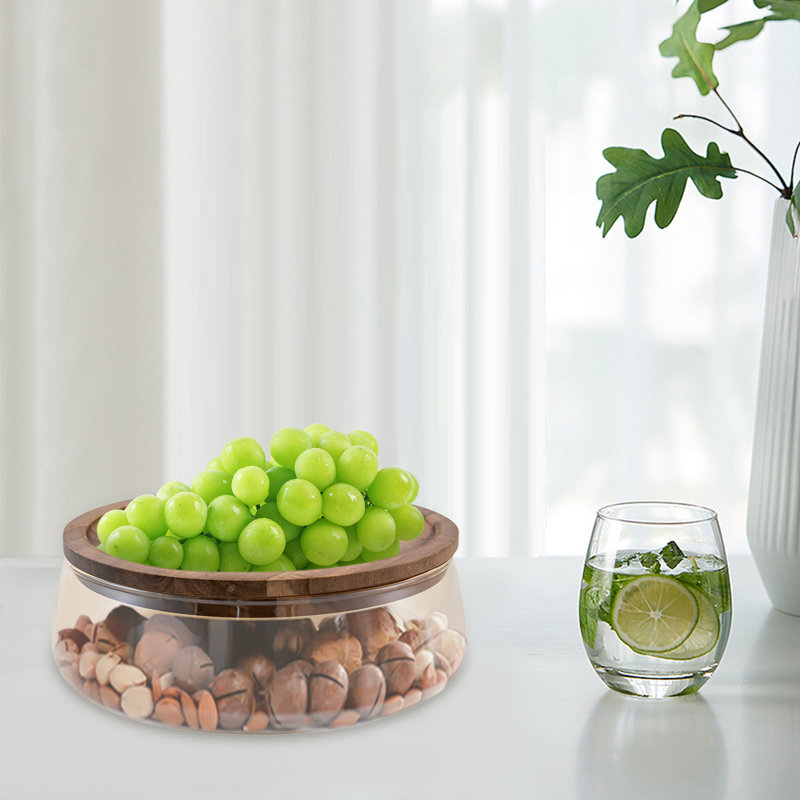 Glass Candy and Nuts Serving Container Food Storage Platter with Wooden Lid, Ivory