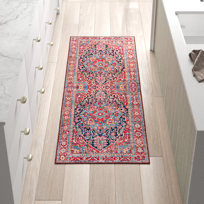 Fleckenstein Oriental Dark Blue/Burgundy/Cream Area Rug, Runner 2'6" x 7'6"