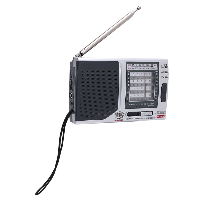 Radio portable argentée haute sensibilité, son HiFi, bandes AM/FM/S complètes, avec haut-parleur pour l'extérieur.