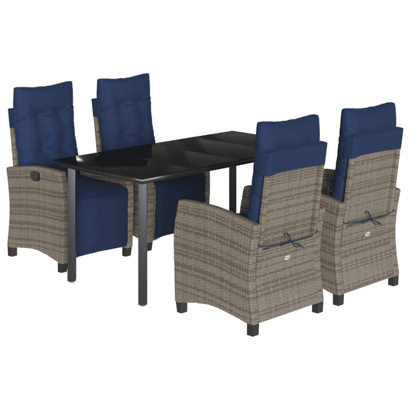 Vidaxl Patio Dining Set With Cushions Poly Rattan, Rectangular Table, Brown/Navy, 29.1" H x 63" W  x 31.5" D, 4