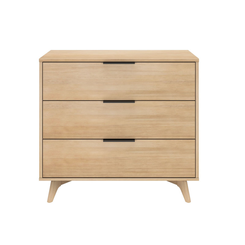 Commode 3 tiroirs l 37 po en bois massif avec poignées en métal, Blond
